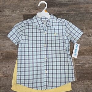 Carter's Light Blue and White Plaid Button Down Shirt Ans Yellow Shorts
